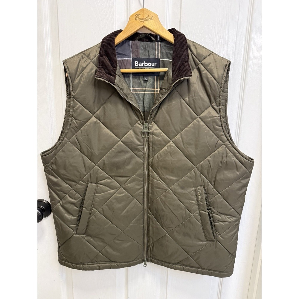 Barbour Finn Gilet Vest Men's XL Green Quilted Full Zip Corduroy Collar Outdoor